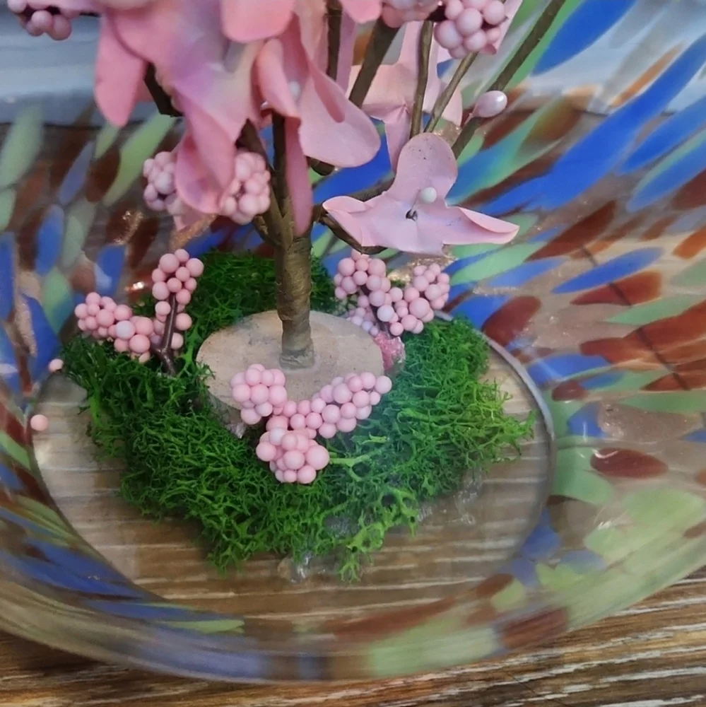 Cherry Blossom ? Pink Flowers Glass Globe Terrarium Blue Green Orange Spots